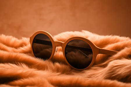 Elegant peach fuzz retro sunglasses with brown lenses on fur fluffy background. Modern trendy tone hue shadeの素材