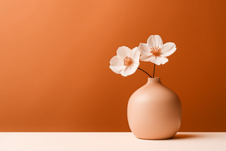 Two white anemone flowers in a peach fuzz color vase on minimal orange copy space background. Modern trendy tone hue shadeの素材