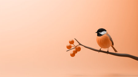 Peach fuzz color robin bird perched on a branch with berries on soft minimal background. Modern trendy tone hue shadeの素材