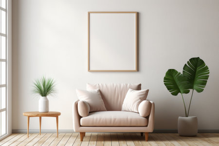 Living room with sofa in Scandinavian interior design with empty wooden photo frame on light wall. Mock up template copy space for textの素材
