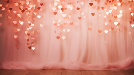 Heart shape garland hanging above pink curtains and wooden floor in empty festive performance room. Lovely romantic bannerの素材