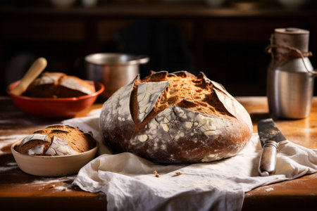 Artisan bread with a dusting of flour rests on a cloth, surrounded by vintage kitchenware. Homemade bakery conceptの素材