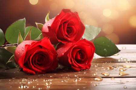Amazing red roses with water drops on wooden table anniversary greeting card. Happy romantic holidaysの素材
