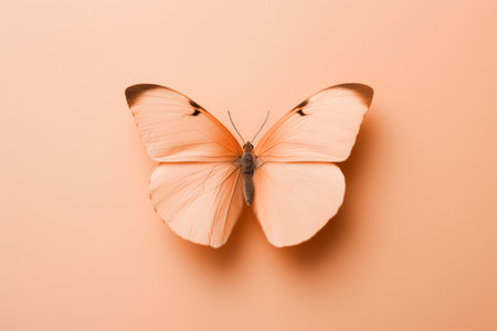 Gentle peach fuzz butterfly resting on flowers on minimal background. Modern trendy tone hue shadeの素材