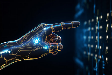 Futuristic robot arm hand glowing golden colours showing pointing finger on digital electronic panel. Future technology conceptの素材