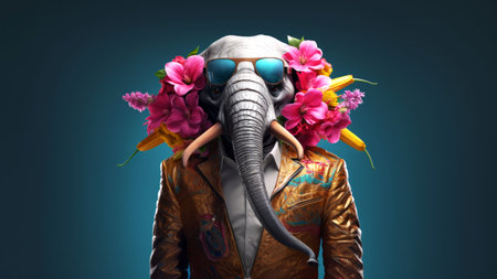 Anthropomorphic hyperrealistic cyberpunk elephant character with flowers and sunglasses on minimal blue background. Futuristic fantasy conceptの素材