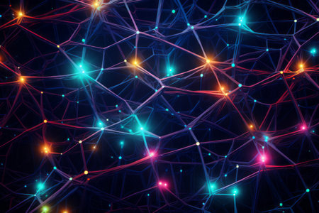 Mesh of vibrant interconnected lines with bright nodes representing a dynamic network. Futuristic neon abstract backgroundの素材