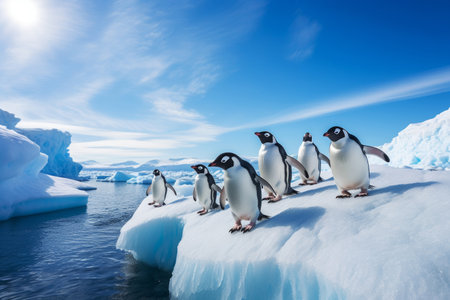 A group of penguins on an icy Antarctic landscape with blue skies and icebergs in the background. Wild nature conceptの素材
