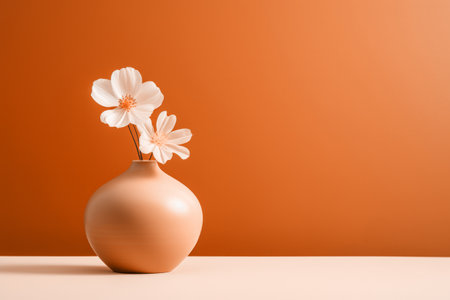 Two white anemone flowers in a peach fuzz color vase on minimal orange background. Modern trendy tone hue shadeの素材
