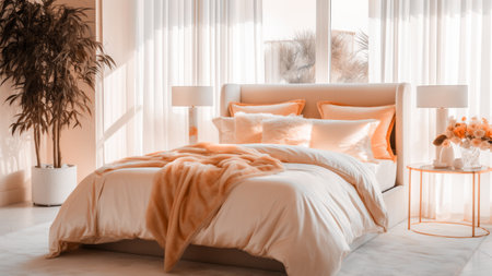 A warm bedroom interior with a bed dressed in soft peach fuzz color bedding and big window. Modern trendy tone hue shadeの素材