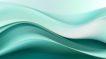Abstract silk mint waves design with smooth curves and soft shadows on clean modern background. Fluid gradient motion of dynamic lines on minimal backdropの素材