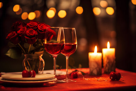 Glasses of red wine candles and bouquet of roses on romantic evening background. Valentine day anniversary birthday event celebrationの素材