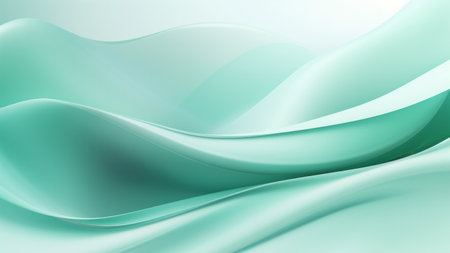 Abstract satin mint waves design with smooth curves and soft shadows on clean modern background. Fluid gradient motion of dynamic lines on minimal backdropの素材
