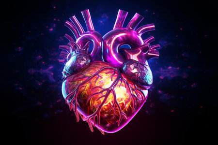 Anatomical heart model with vibrant red arteries and neon metallic elements amidst glowing embers. Love conceptの素材