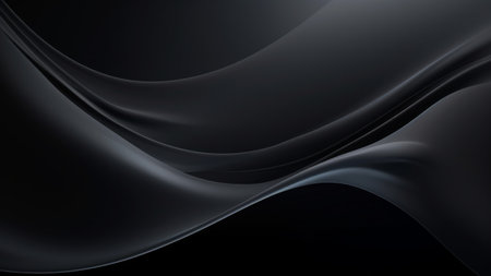 Abstract deep dark grey and black waves design with smooth curves and soft shadows on clean modern background. Fluid gradient motion of dynamic lines on minimal backdropの素材