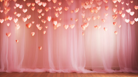 Romantic heart shape garland on soft pink curtain in empty room with wooden floor background. Happy holidays conceptの素材