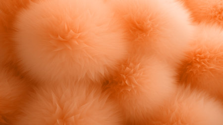 Fluffy peach fuzz color textured pompons macro shot abstract background. Modern trendy tone hue shadeの素材