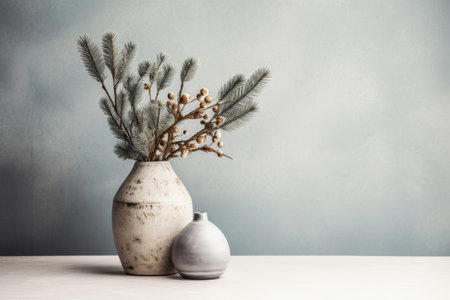 Vase with fir branch decor at home table on minimal light grey wall background in Scandinavian style interior design. Mock up template copy space for textの素材