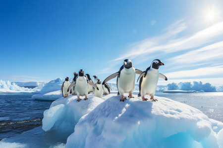 A group of penguins walking on an icy Antarctic landscape with blue skies and icebergs in the background. Wild nature conceptの素材