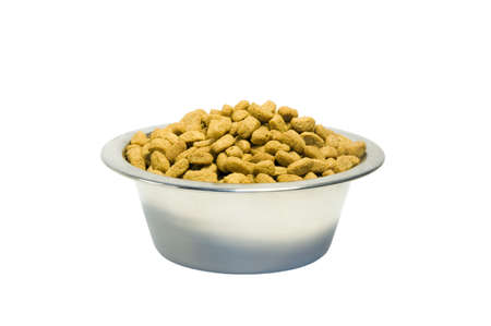Bowl with dry forage for dog or cat isolated on white