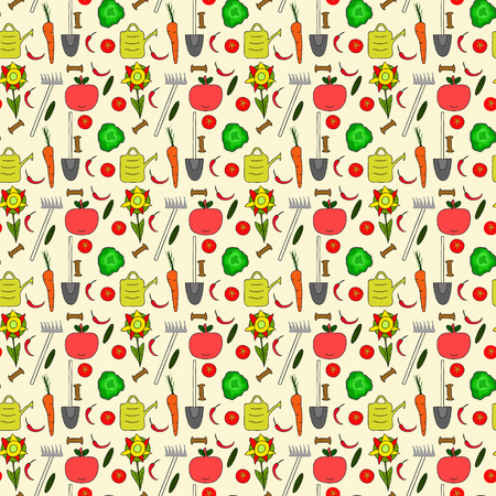 seamless pattern garden supplies vegetables rakeのイラスト素材