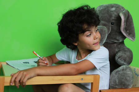 Curly little boy is writing his homework at home with friendの写真素材