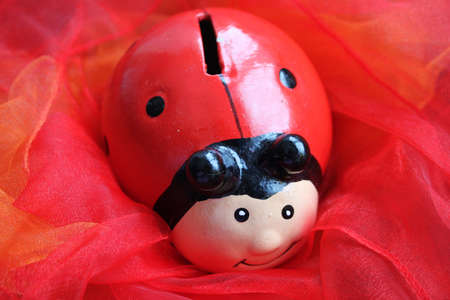 Ladybug box on red cloth and children hand with coinの写真素材