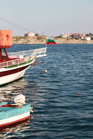 Part of boat and ship with Bulgarian flag on boardの写真素材