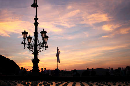 Sunset over the Danube river near Budapest coastの写真素材