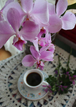Still life with a cup of coffee, an orchid flower and red books on a clothed tableの写真素材