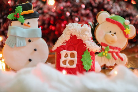 Christmas concept with colorful delicious cookies surrounded by lots of Christmas lights