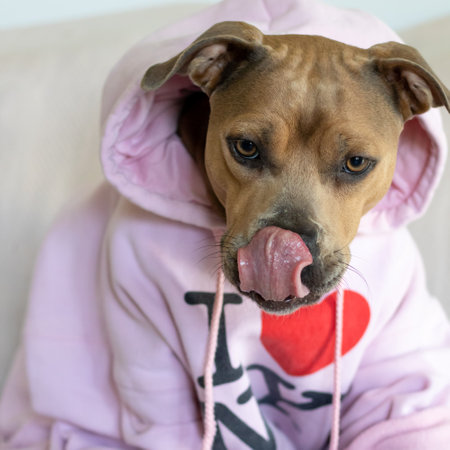 Dog in Pink Hoodie with tongue outの写真素材