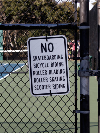 Sign prohibiting bicycles scooter roller blades and skateboardsの写真素材