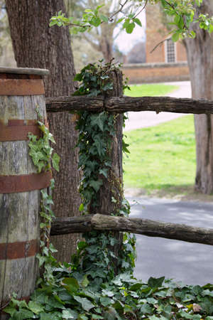 In old days wooden barrels were used for storing food and spices. Photographed in Williamsburg, Virginia.の写真素材