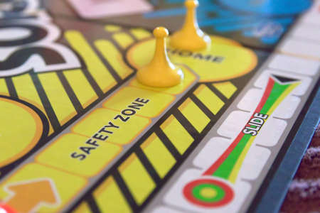 Corapeake, NC- United States - March 23. 2022: Details of a circa 1980s board game of Sorry are shown. Safety Zone, Slide, Homeのeditorial素材