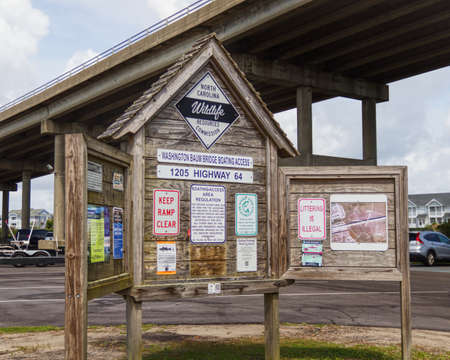 Manteo, NC: May 27, 2022: NC Wildlife Resources Commission Washington Baum Bridge Boat Access Signageのeditorial素材