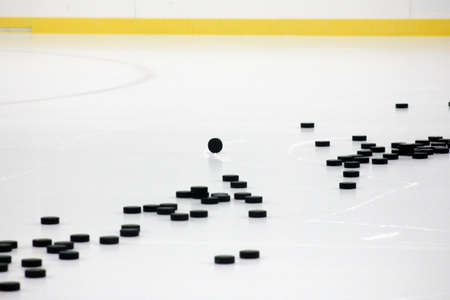Dozens of hockey pucks on smooth cut ice with ice skate marks in arena with white and yellow boards and face off circle with puck on edgeの写真素材
