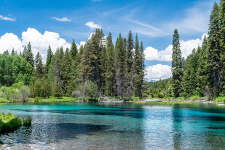 Picturesque blue waters of Kimball Lake surrounded by tall forest of fir and pine trees.の写真素材