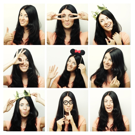 Collage of woman different facial expressions.Ready for party.の写真素材