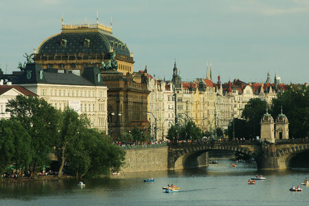 View of monuments from the river in Prague.の写真素材