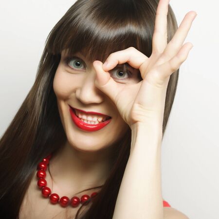 close up portrait happy smiling brunetteの写真素材