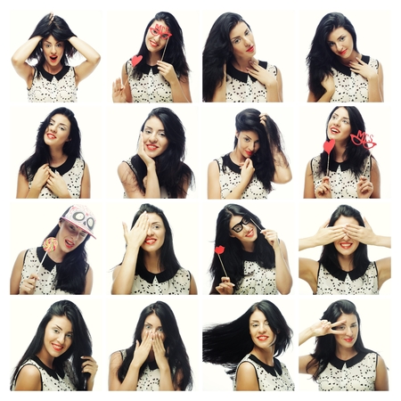 Collage of woman different facial expressions.Ready for party.の写真素材