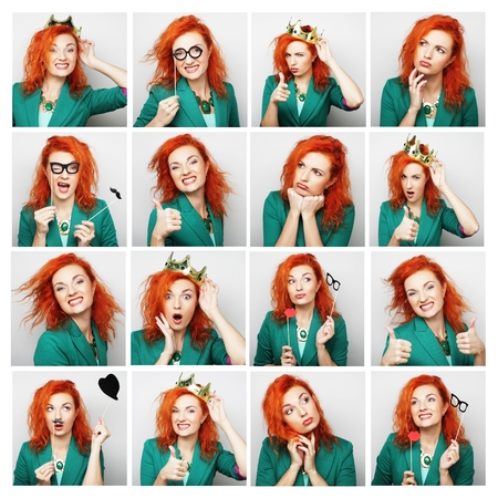 Collage of portraits of a beautiful young red woman with crownの写真素材