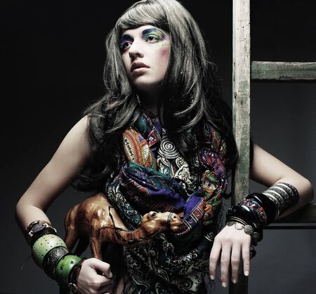 portrait of young beautiful woman with stylish bright make upの写真素材