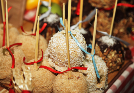 Tray full of caramel and candied apples.の写真素材