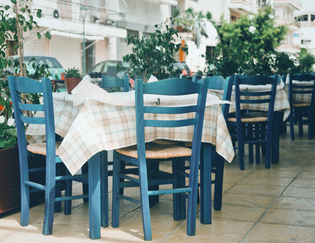 Blue chairs on a greek cafe on Zakinthosの写真素材