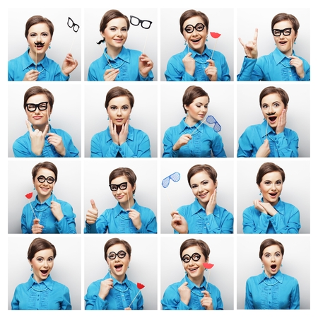Collage of woman different facial expressions.Ready for party.の写真素材