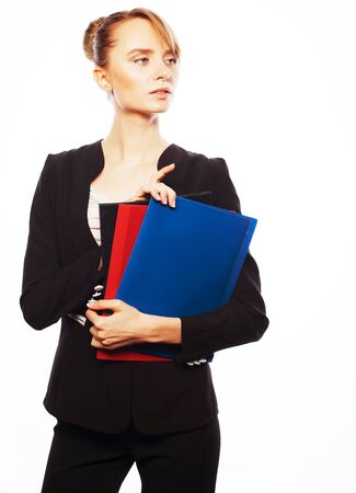 Business, finance and people concept:  businesswoman with folders isolated on whiteの写真素材