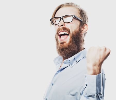 emotional and people concept: young bearded man with good idea sign. Hipster style.の写真素材