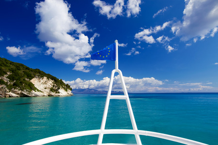 View of beautiful beach and sea from tourist boat, Zakynthos  island, Greeceの写真素材